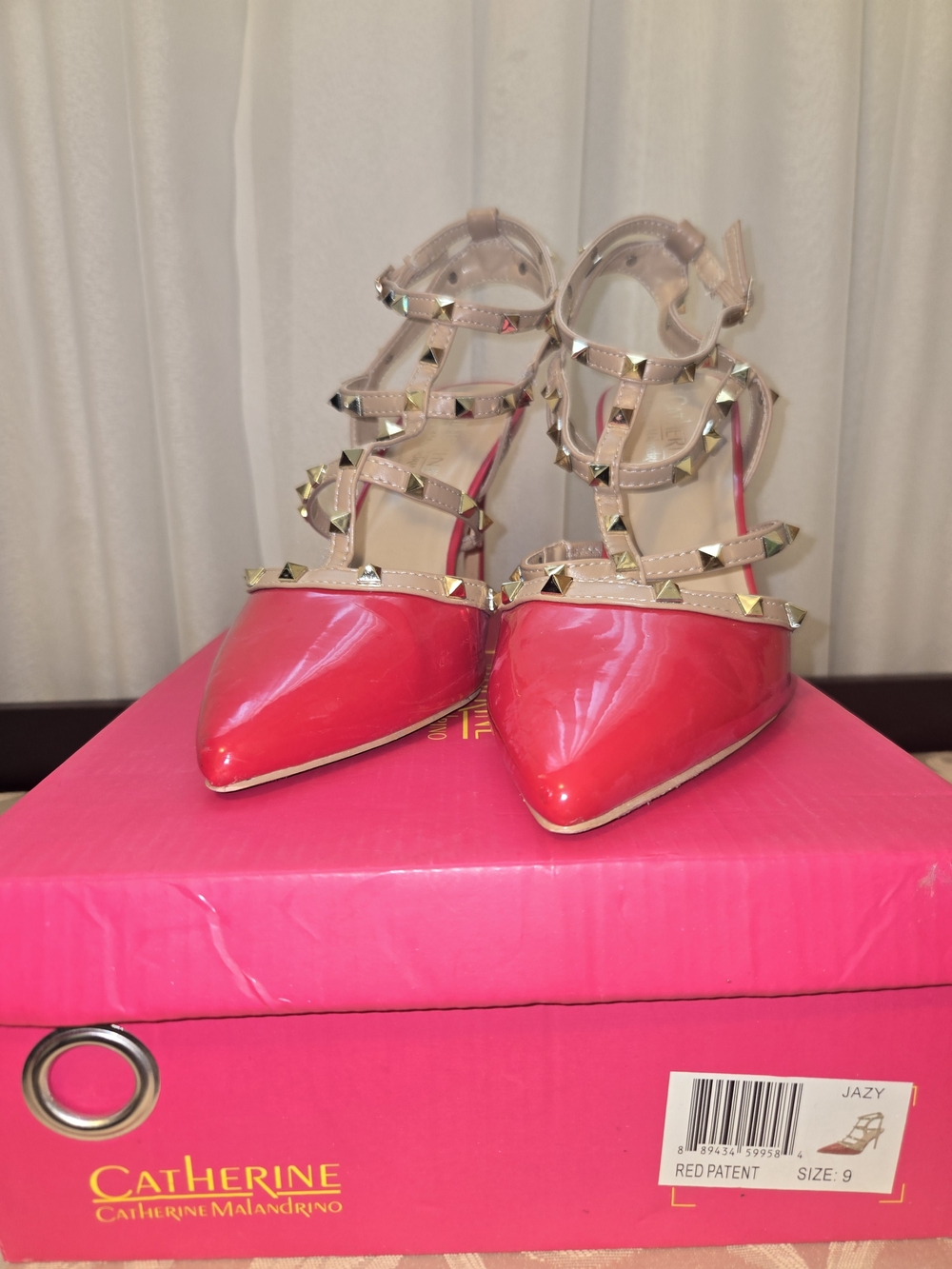Studded Strappy Pointed-Toe Heels in Red and Nude - Picture 10 of 11